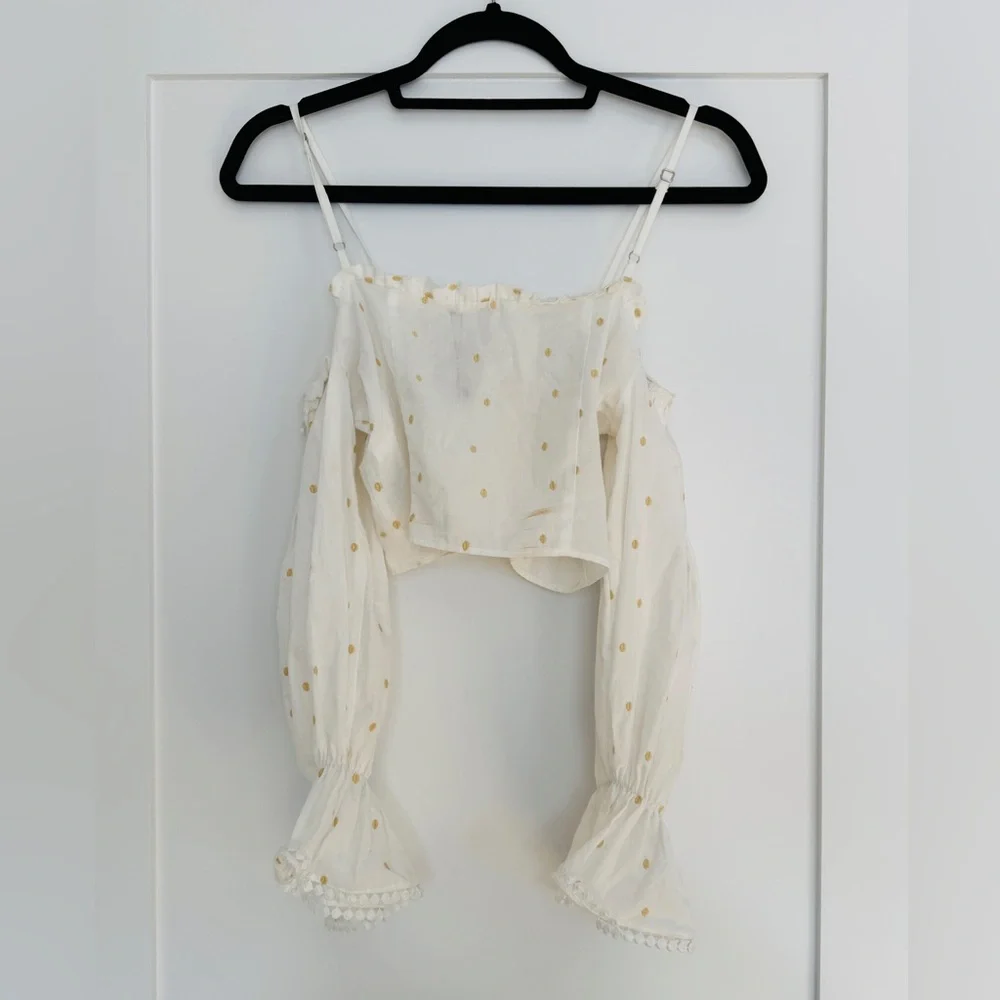 ZARA NWT White Off Shoulder Puff Sleeve Crop Top Blouse XS Ecru Polka Dot